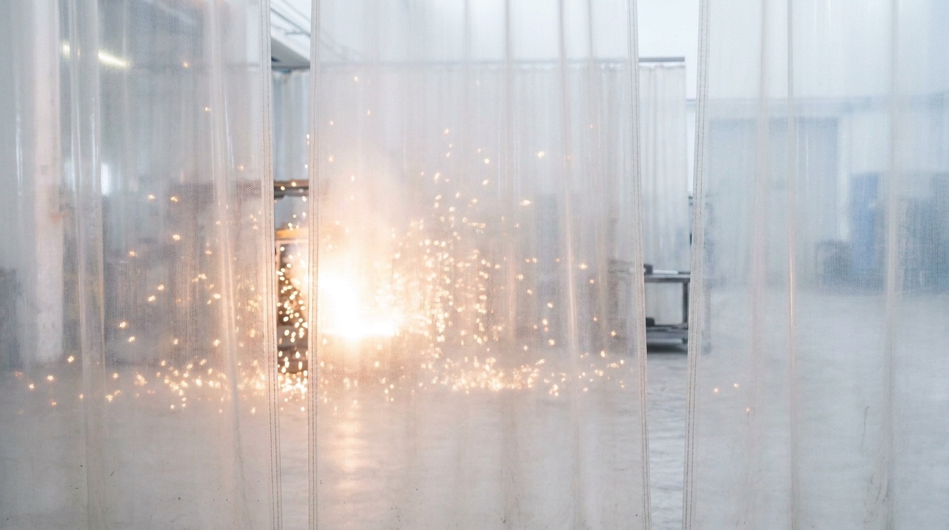 A milky translucent industrial curtain, molten light blooming behind it — the fire held behind a screen.