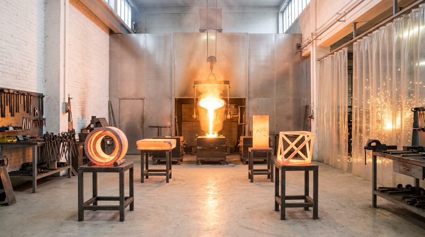 Inside the workshop: a bright pour of molten metal at centre, glowing cast forms of different shapes around it, tool-lined walls.
