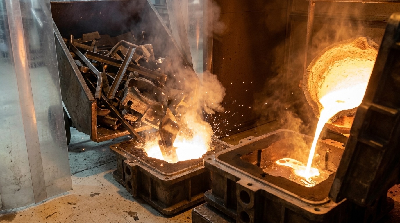 The re-melting station: scrap metal falling into a glowing crucible, another crucible pouring bright metal into a half-filled mould.